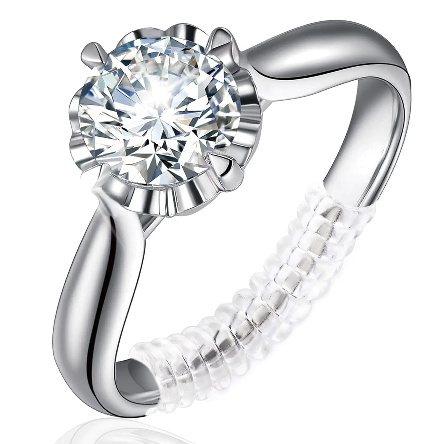 Silver solitaire ring with a clear spiral ring size adjuster wrapped around the band