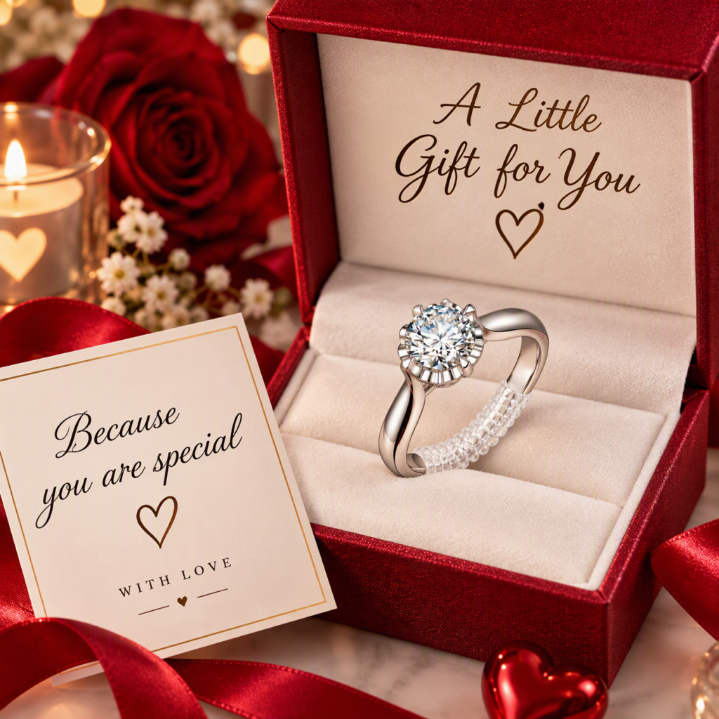 Promise ring in a red gift box with a clear adjuster that fixes a loose ring fit