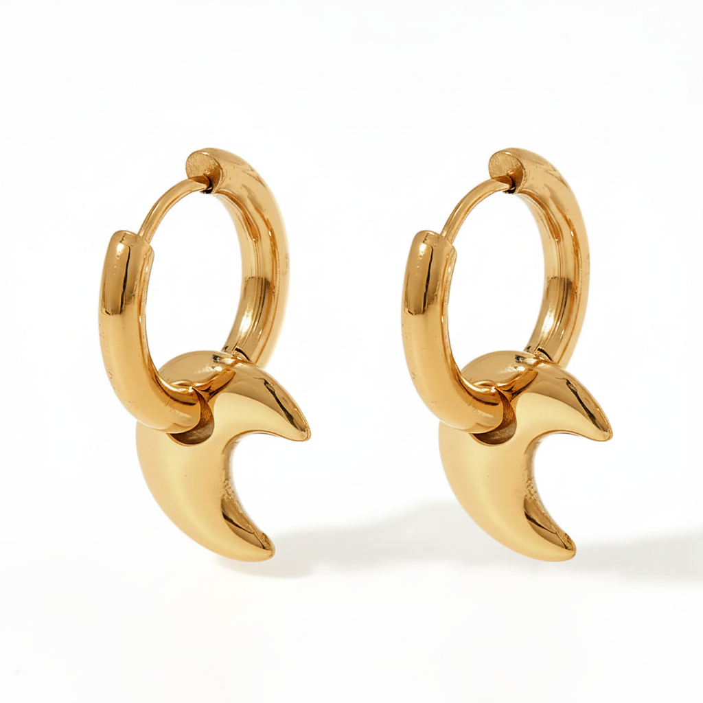 Stainless steel crescent hoop earrings in 18K gold and silver