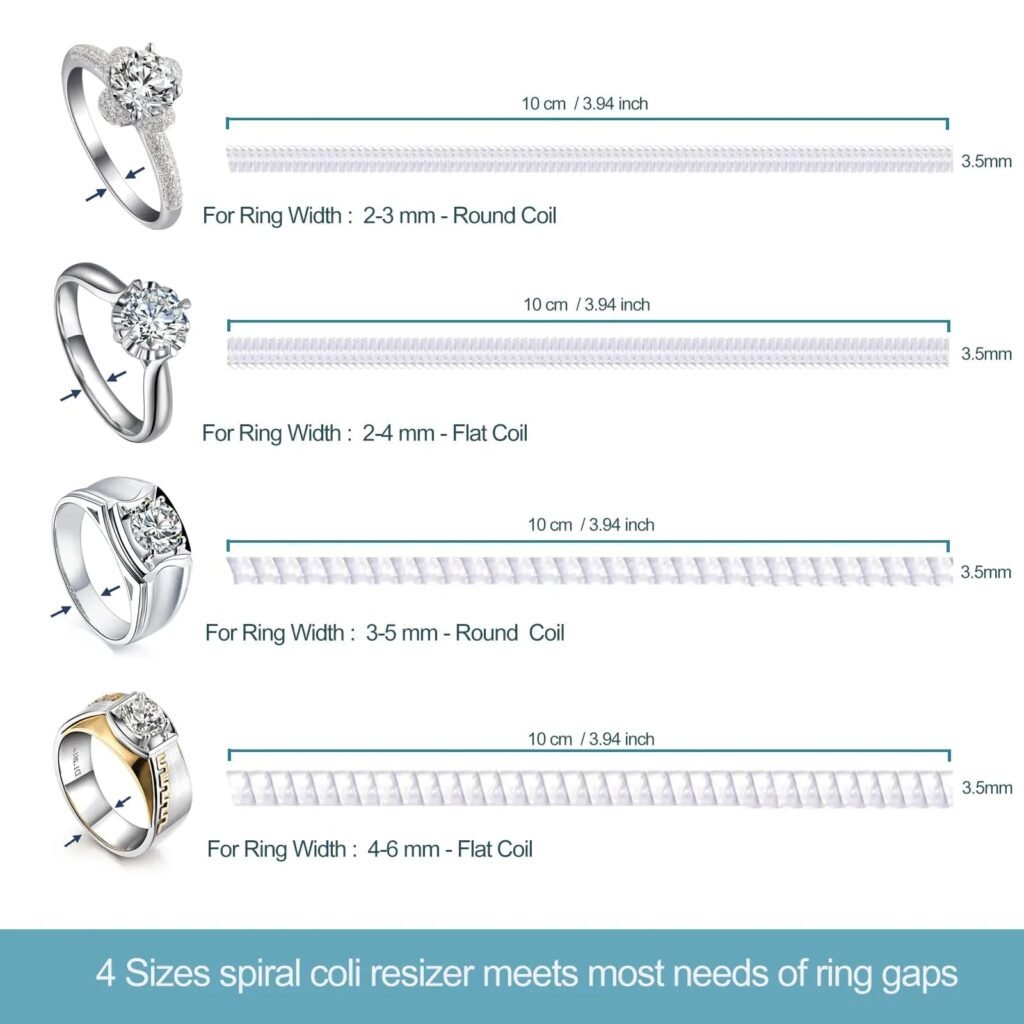 Ottemax ring size adjuster size guide: four clear spiral coils for ring band widths from 2 to 6 mm